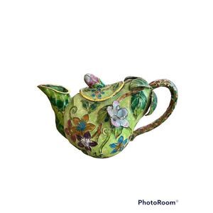 Cloisonné 3D Ornate Green Pear Pitcher Teapot- Decorative Only